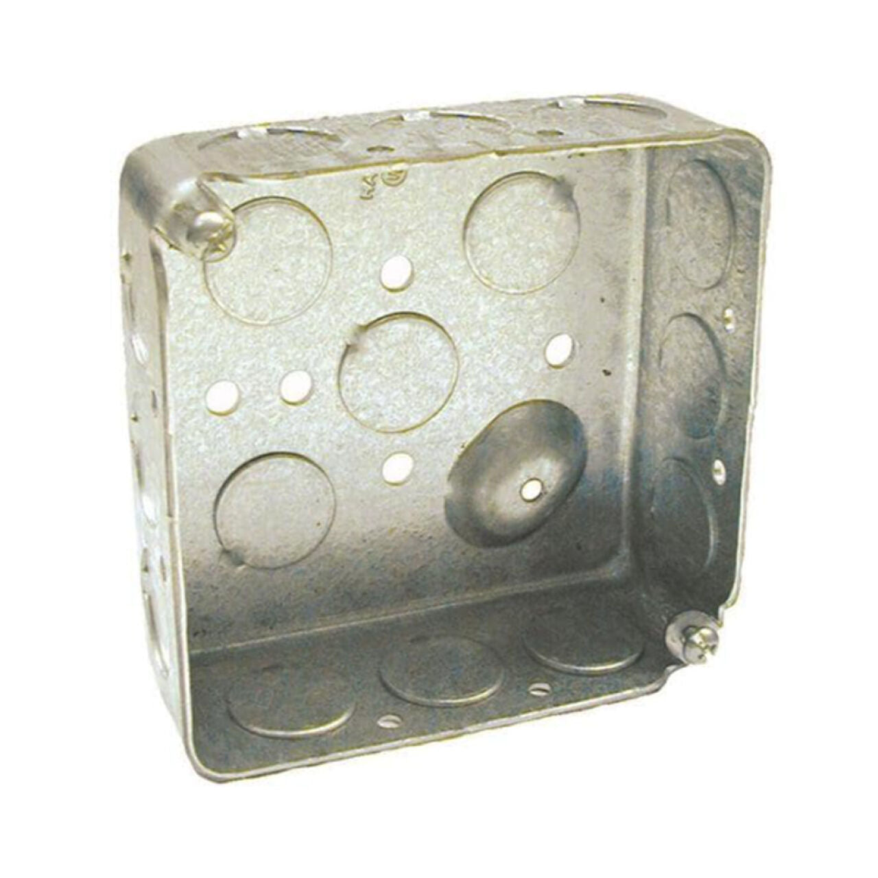 A Go Build 2-Gang Square Electrical Box with Raised Ground features multiple circular knockouts and wiring holes, shown at an angle on a white background.